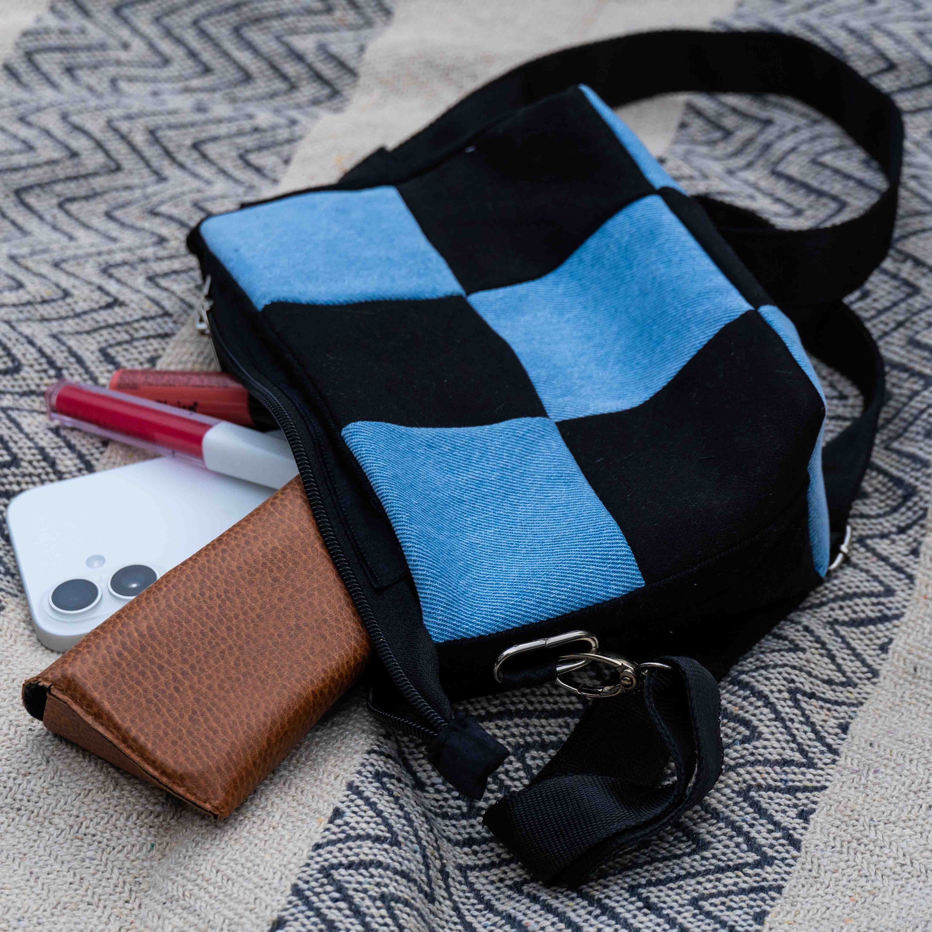 Checkered Denim Sling Bag - Chandigarh First