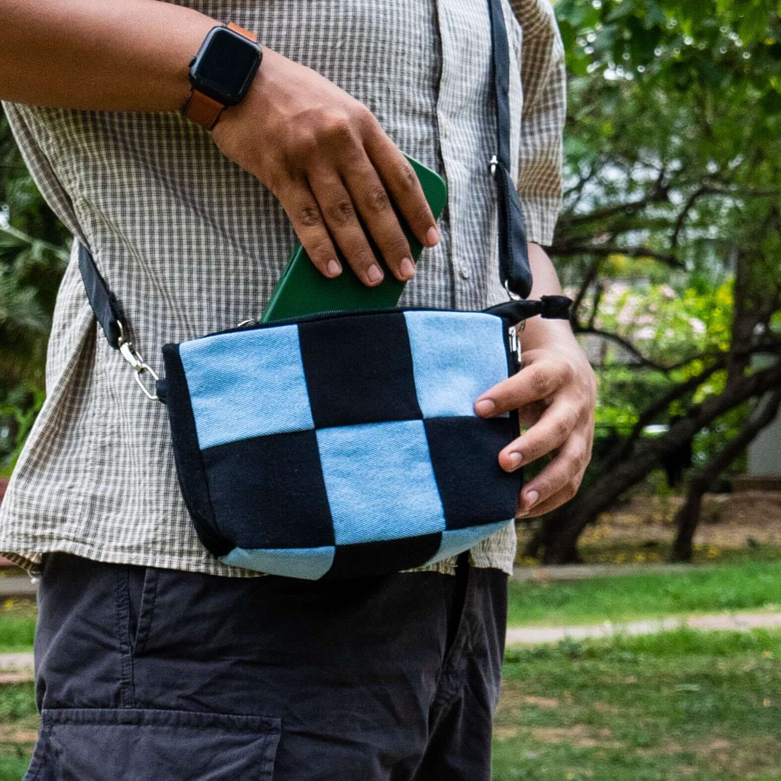 Checkered Denim Sling Bag - Chandigarh First