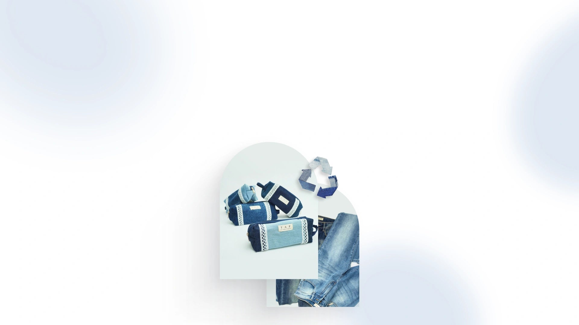 Collection of denim pouches made with upcycled denim, and a "recycle logo" in colour of denim on a white background