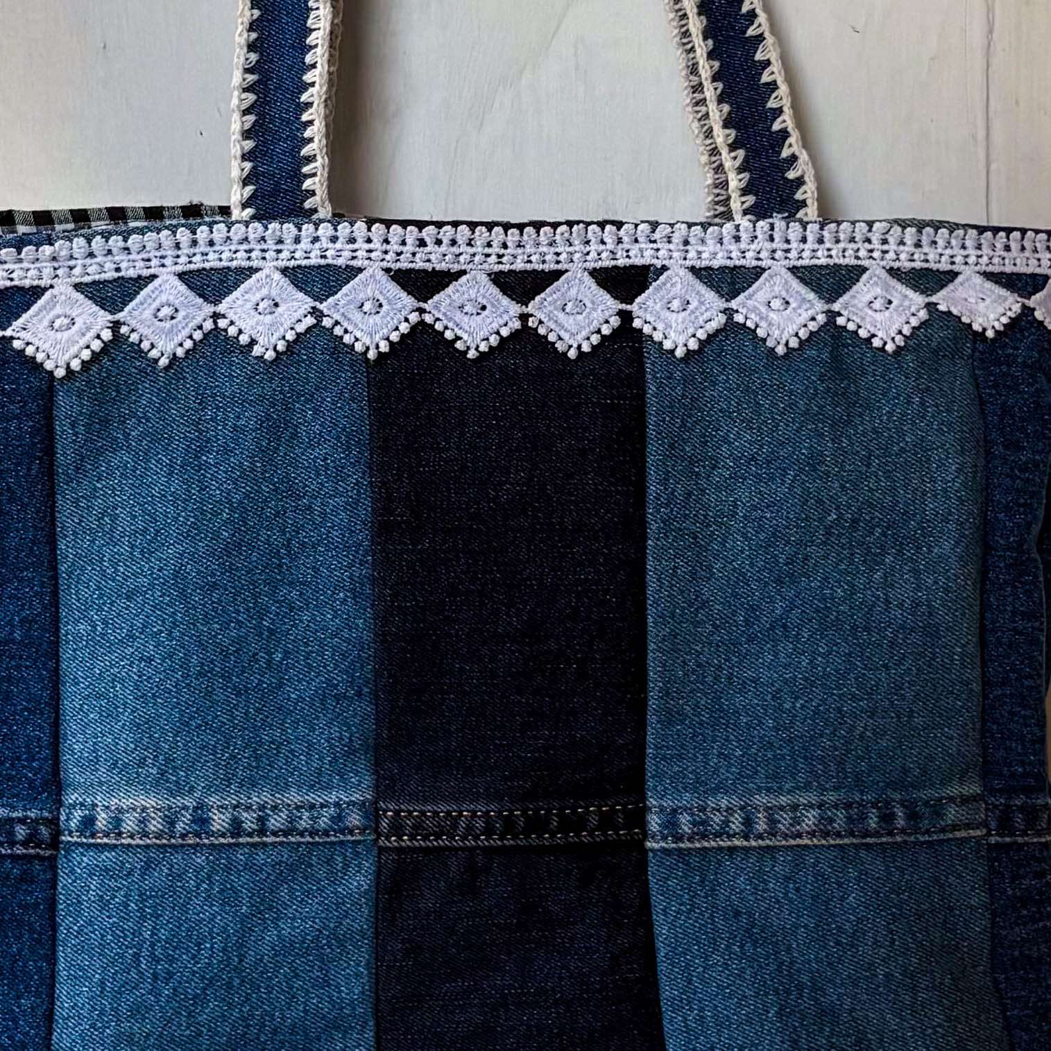 Denim apron with white lace trim on a white background