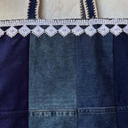 Denim bag with lace trim on a wooden surface