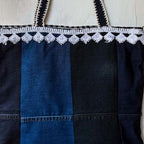 Denim dress with lace trim on a white background